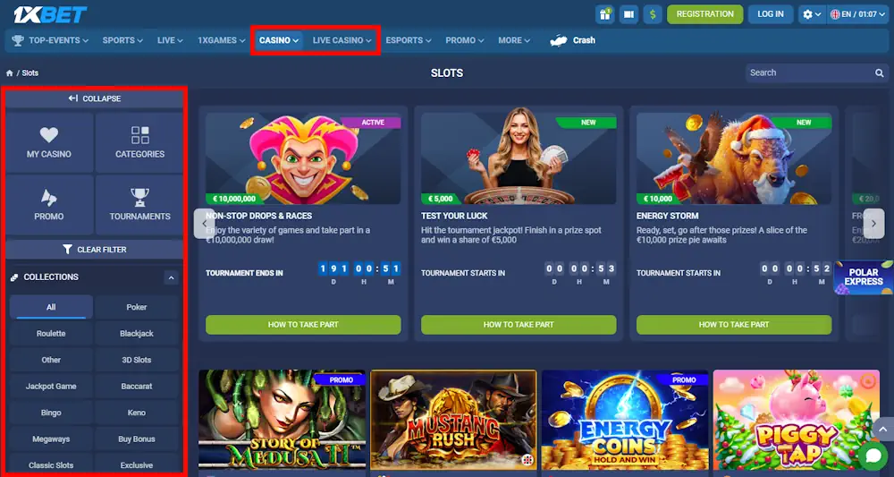 1xBet Casino Categories and Menu Screenshot
